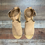 Marc Fisher Taupe Annie Suede Leather Espadrille Wedge Sandals- Size 9.5