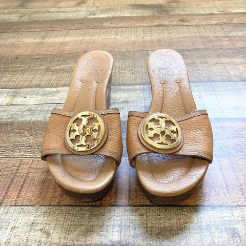 Tory Burch Camel Leather Wedge Slip On Sandals- Size 10 (see notes)