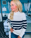 Candace Cameron Bure Cream/Navy Striped With Button Detail Turtleneck Sweater - Size XXXS (sold out online)