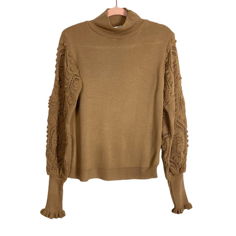 AQE Fashion Camel Mock Neck Open Knit Sleeve Sweater- Size M