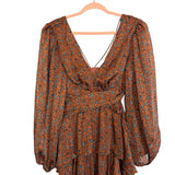 ASTR The Label Copper Floral Metallic Stripe Open Back Front Slit Tiered Maxi Dress- Size M
