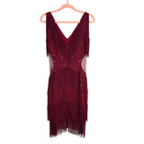 Babeyond Dark Red Beaded with Sequins Embroidery Multi-Layered Tassel Dress- Size S