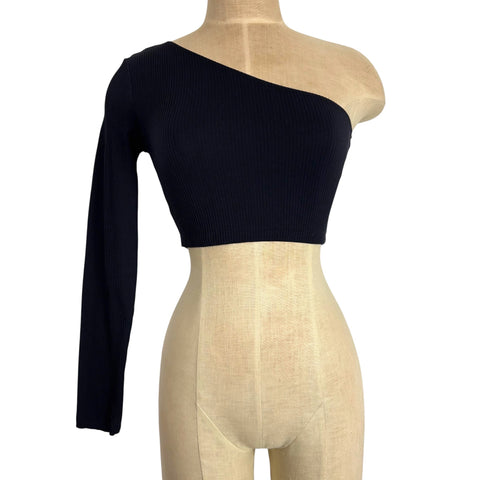 Zara Black Ribbed One Shoulder Fitted Top - Size S