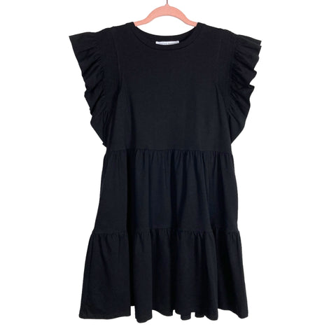 English Factory Black Smocked Ruffle Sleeve Babydoll Dress- Size M
