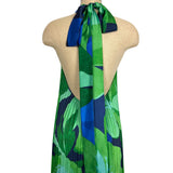 L'IDEE Blue and Green Printed Pleated Plunge Neckline Silky Dress- Size 10 (sold out online)