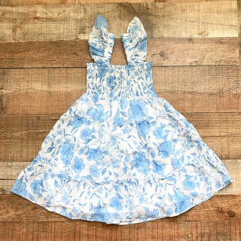 J. Marie White/Blue Floral Print with Ruffle Straps Smocked Dress- Size 3T