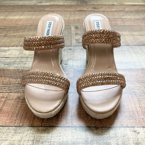 Steve Madden Bronze Rhinestone Double Strap Espadrille Wedge Sandals- Size 7.5 (sold out online)