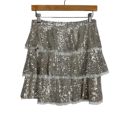 Endless Rose Silver Sequins Tulle Trim Skirt- Size S