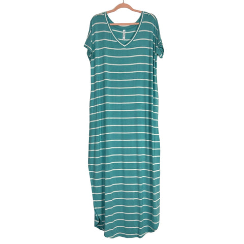 Zenana Premium Green and White Striped Round Hem Side Slits V-Neck Shirt Dress- Size S