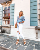 Free People Chambray Embroidered Printed Top- Size S