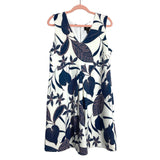 Taylor White with Navy/Pink Floral Leaf Print V-Neck Dress- Size L