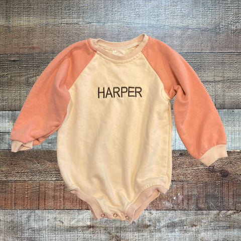 Maxwell Monograms Cream and Pink Embroidered Harper Sweatshirt Onesie- Size 12-18M