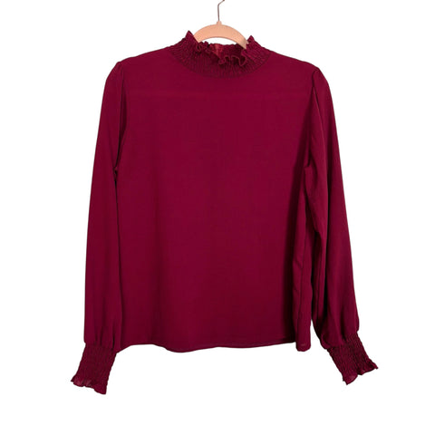No Brand Dark Red Smocked Mock Neck Blouse - Size L