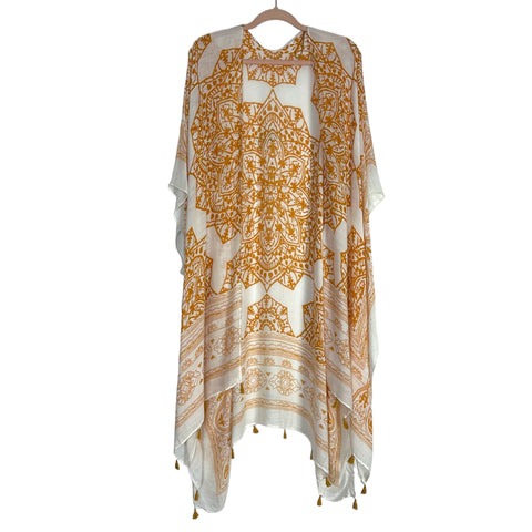 Lovestitch Ivory with Mustard Print Tassel Hem Kimono- One Size