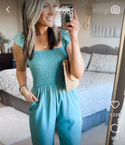 No Brand Sage Blue Ruffle Straps Smocked Jumpsuit- Size S