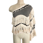 House of Harlow 1960 x Revolve Cream Black Wool Blend Printed Fringe One Shoulder Sweater- Size S