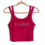 Bebe Hot Pink Ribbed with Rhinestone Logo and Double Straps Cropped Tank NWT- Size S