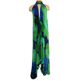 L'IDEE Blue and Green Printed Pleated Plunge Neckline Silky Dress- Size 10 (sold out online)