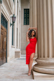 Petal + Pup Red with Back Criss Cross Straps and Side Slit Midi Dress- Size 4 (sold out online)