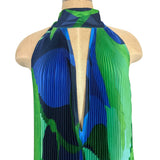L'IDEE Blue and Green Printed Pleated Plunge Neckline Silky Dress- Size 10 (sold out online)