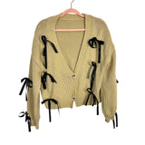 No Brand Tan Sweater Cardigan with Black Ribbon Bows- Size S