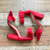 Shoe Land Red Suede Ankle Buckle Heeled Shoes- Size 7 (see notes)