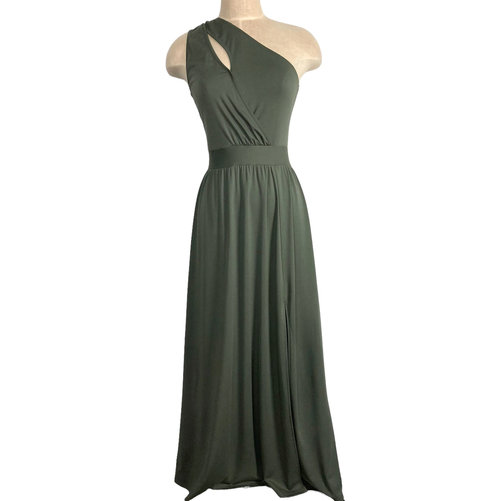 btfbm dress green BTFBM Olive One Shoulder with Cut Out and Side Slit Maxi Dress- Size S –  The Saved Collection
