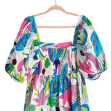 Oliphant Tropical Fruit Print with Puff Sleeves and Smocked Back Dress- Size L