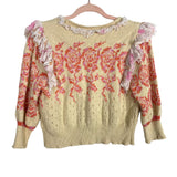 Free People Cream Pink and Orange Front Button Fringe Trim Sweater Cardigan- Size S (see notes)