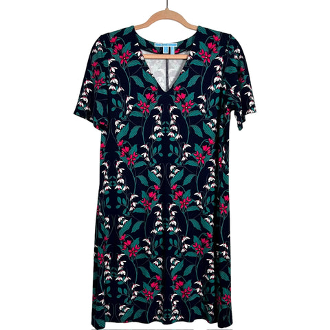 Draper James Navy with Pink/White/Teal Floral Print V-Neck Dress- Size M