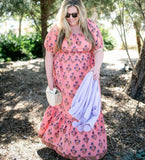 Madison Mathews Coral with Blue/Green Floral Print off the Shoulder Smocked Waist Ruffle Maxi Dress- Size XXL