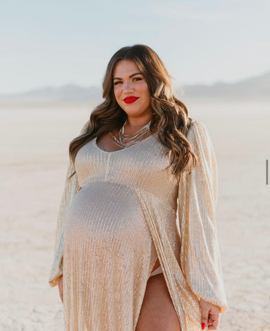 Sew Trendy Gold Sequin V-Neck High Slit Maternity Dress with Train- Si The Saved Collection Sew Trendy Gold Sequin V-Neck High Slit Maternity Dress with Train- Si The Saved Collection