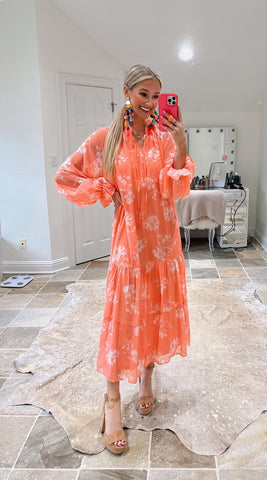 Pink Lily Coral Floral Print Dress - Size S (See Notes)