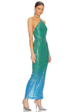 Sau Lee Green/Blue Ombre Sequin with Back Slit Jasmin Halter Dress NWT- Size 4
