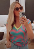No Brand Pink/Blue Striped with Green Trim Open Knit Top- Size S