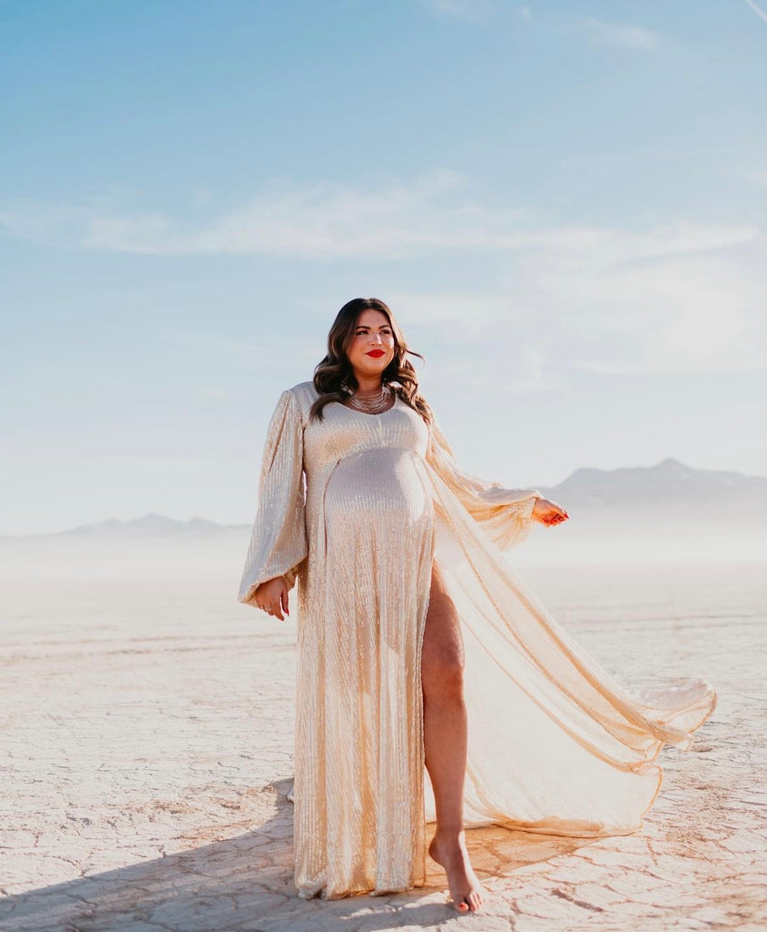 Sew Trendy Gold Sequin V-Neck High Slit Maternity Dress with Train- Si The Saved Collection Sew Trendy Gold Sequin V-Neck High Slit Maternity Dress with Train- Si The Saved Collection