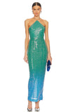 Sau Lee Green/Blue Ombre Sequin with Back Slit Jasmin Halter Dress NWT- Size 4