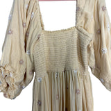 Free People Cream Smocked Bodice Embroidered Floral Dress- Size S (sold out online)