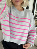 Free People Grey Pink Striped Mock Neck Cropped Sweater- Size L