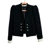 Zara Black Tweed with Rhinestone Faux Buttons and Removable White Shirt Cuffs Open Front Blazer- Size XS