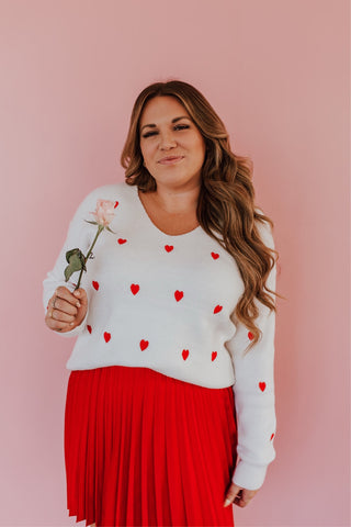 Miss Sparkling White with Red Embroidered Hearts V-Neck Sweater- Size XL (Sold Out Online!)