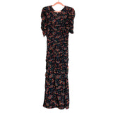 Free People Black Floral Ruched Mesh Overlay Lined Front Slit Dress- Size M (sold out online)