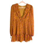 Tularosa Burnt Orange Floral Ruffle V-Neck Dress- Size M