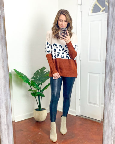 Staccato Beige/Brown/Animal Print Color Block Sweater- Size S