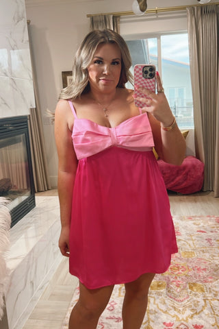 Show Me Your Mumu Pink Bow Front Satin Mini Dress- Size XL