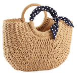No Brand Straw Cinched Liner Tote Bag with Navy and White Polka Dot Scarf