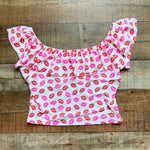 Sassy Red Lipstick x Pink Desert Sassy Lip Print Off the Shoulder Ruffle Swim Top- Size ~XL (sold out online, see notes)
