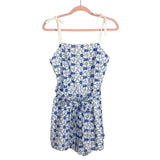 Miami White with Blue Embroidered Flowers and Tie Straps and Tie Belt Romper- Size S