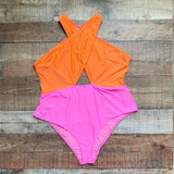 Asos Design Orange/Hot Pink Color Block Cross Neck One Piece- Size 14 (sold out online)
