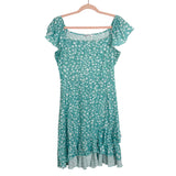 MS Basic Teal/White Floral Pattern with Faux Wrap Bottom Dress- Size L